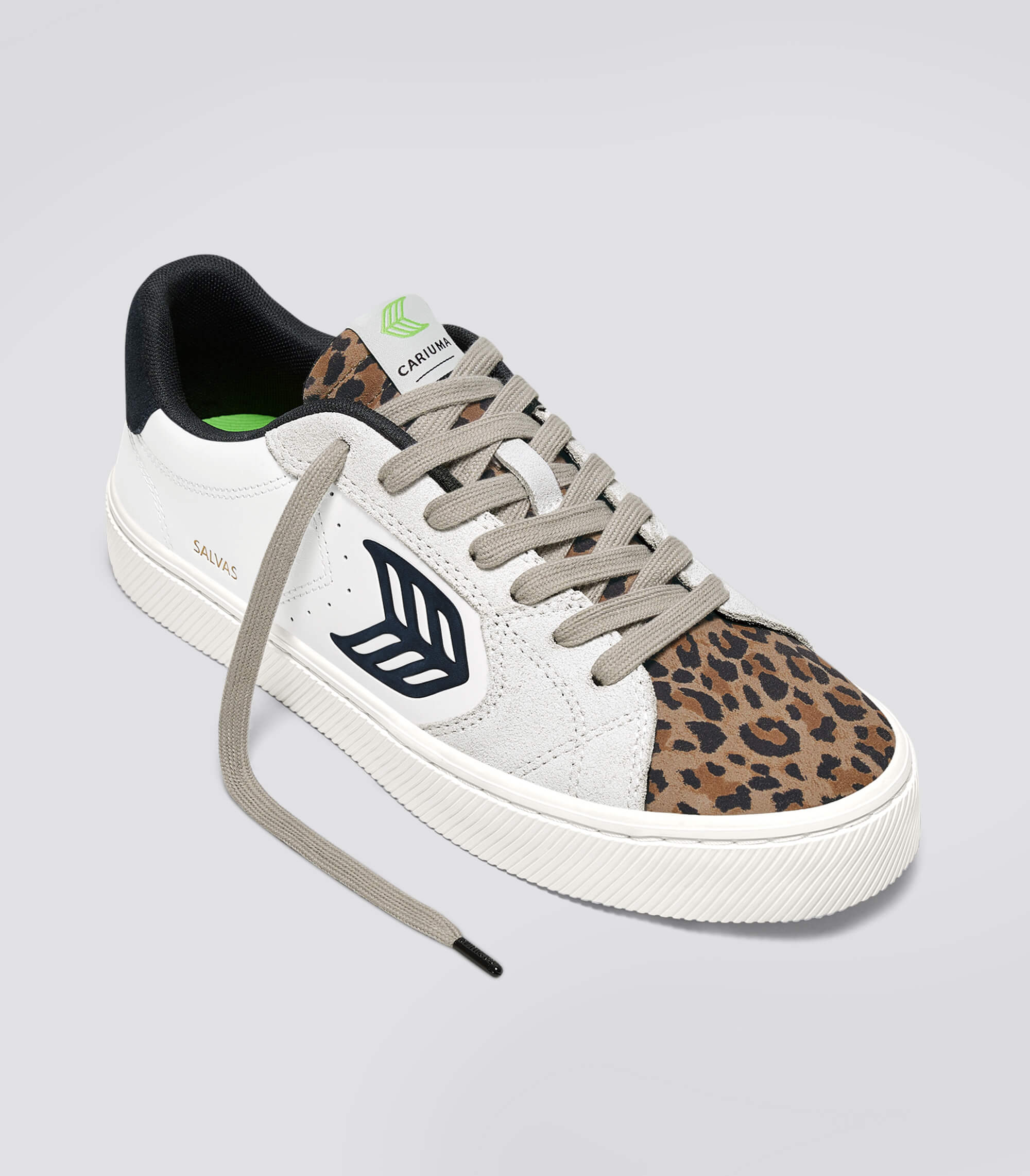 SALVAS White Leather Leopard Print Suede Black Logo Sneaker - Image 3