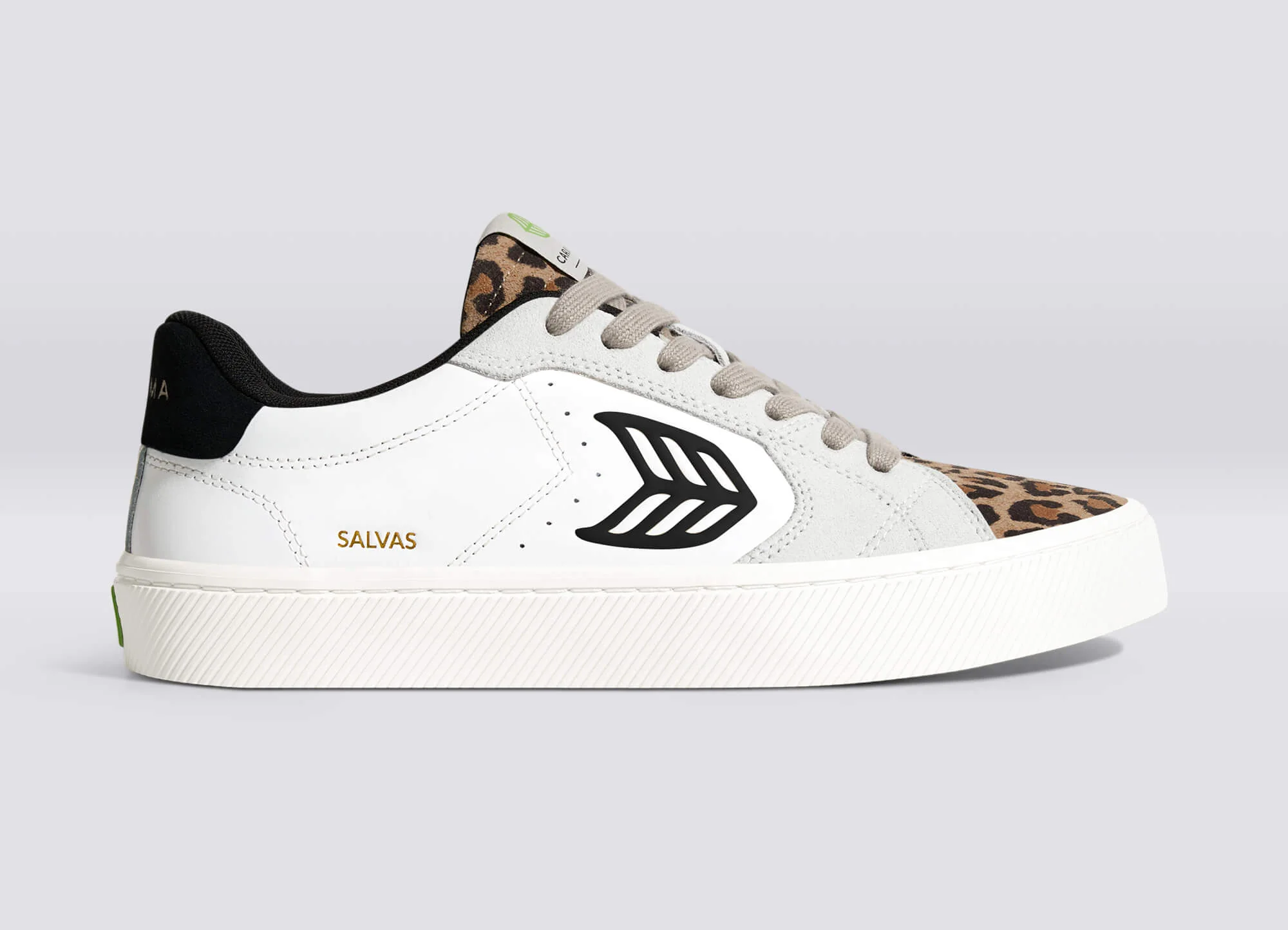 SALVAS White Leather Leopard Print Suede Black Logo Sneaker - Image 4