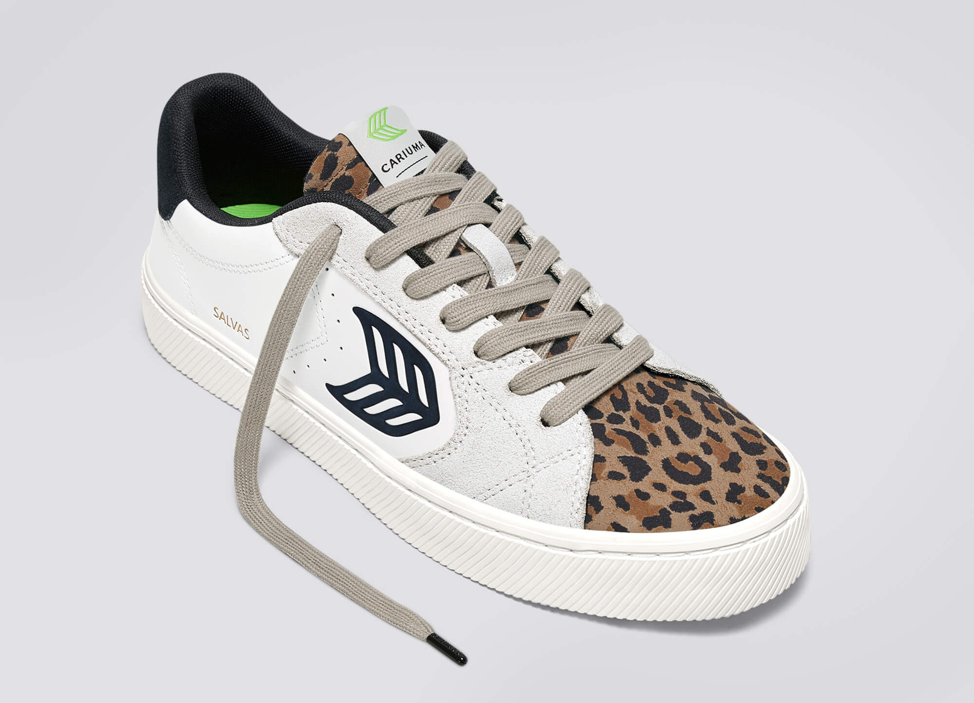 SALVAS White Leather Leopard Print Suede Black Logo Sneaker - Image 5