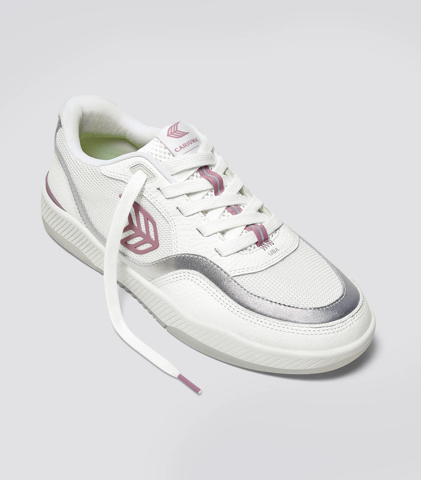 UBA White Leather and Suede Blush Pink Logo Silver Accents Sneaker - Image 2