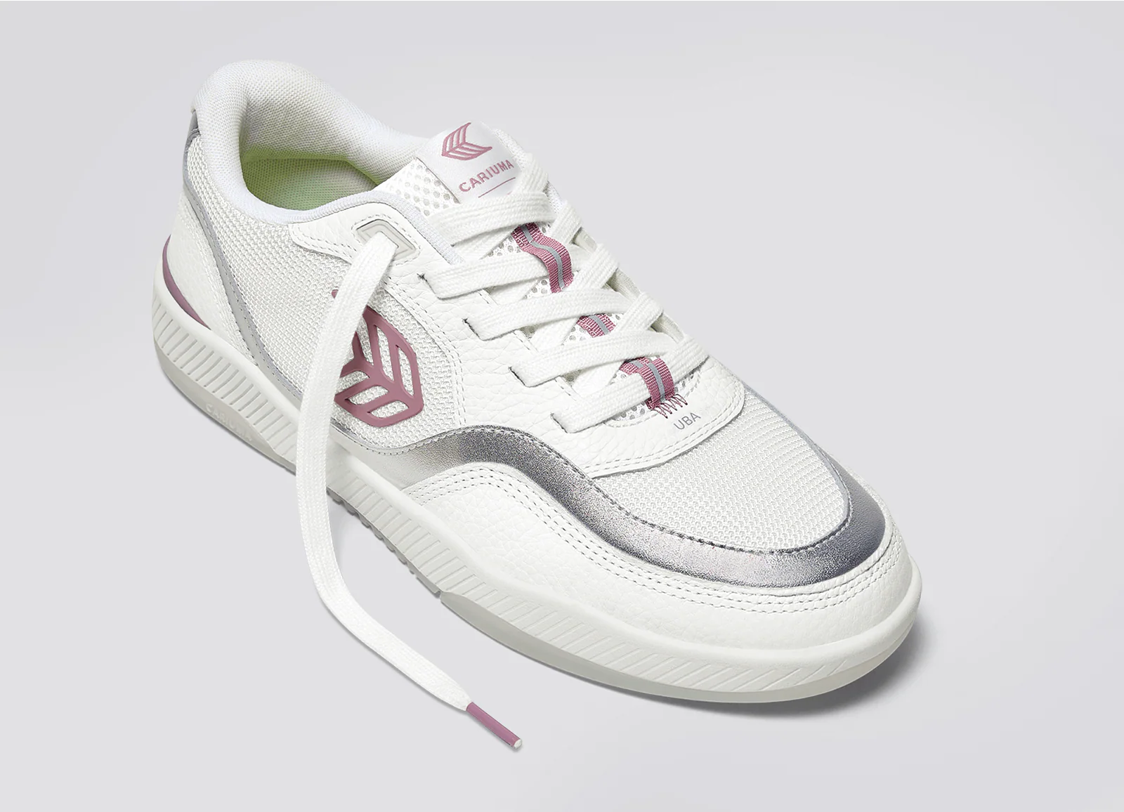 UBA White Leather and Suede Blush Pink Logo Silver Accents Sneaker - Image 5