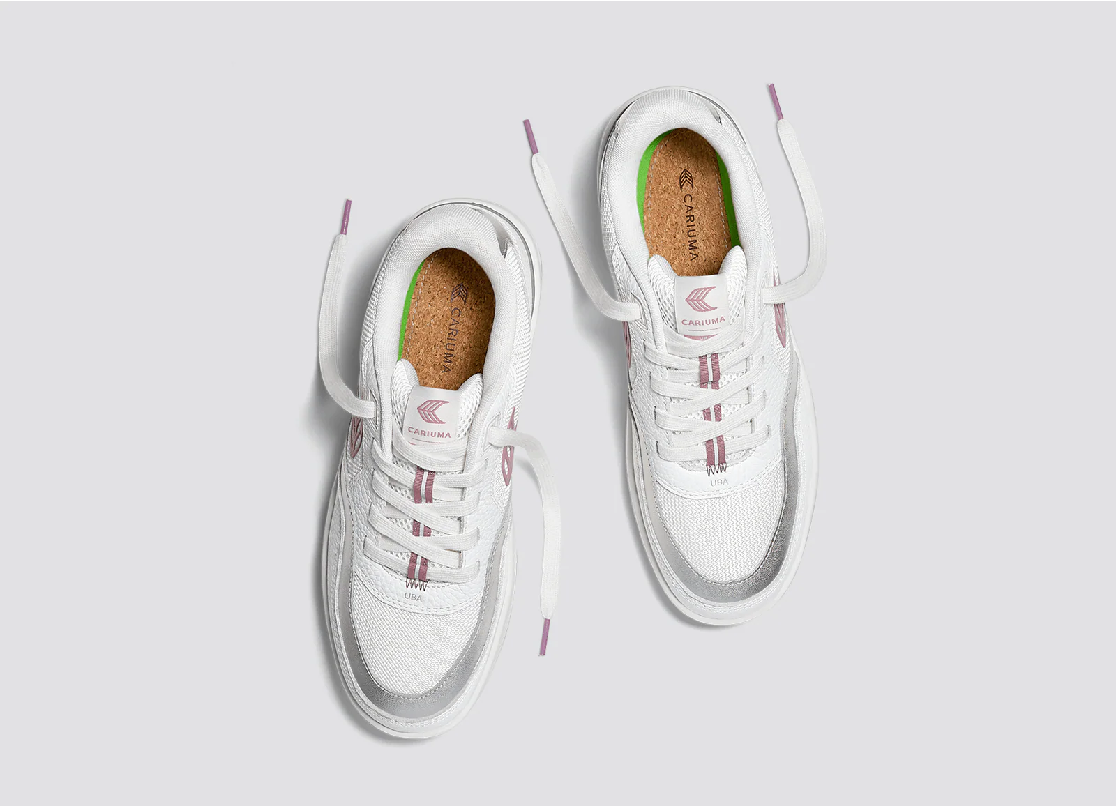 UBA White Leather and Suede Blush Pink Logo Silver Accents Sneaker - Image 9